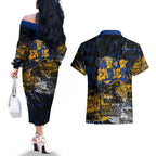 West Coast Eagles Couples Matching Off The Shoulder Long Sleeve Dress and Hawaiian Shirt Urban Graffiti Street Art - Bold Abstract Spray Paint