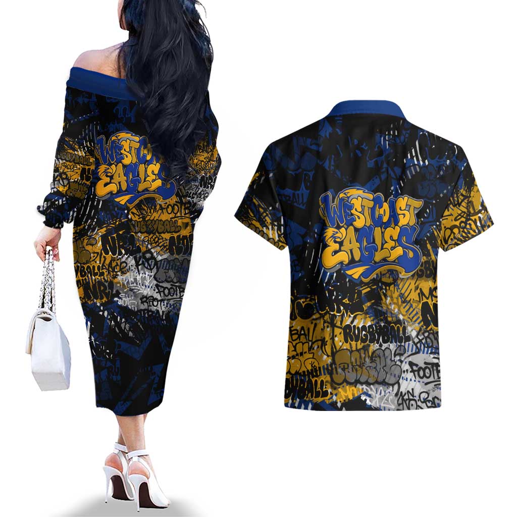 West Coast Eagles Couples Matching Off The Shoulder Long Sleeve Dress and Hawaiian Shirt Urban Graffiti Street Art - Bold Abstract Spray Paint