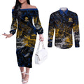 West Coast Eagles Couples Matching Off The Shoulder Long Sleeve Dress and Long Sleeve Button Shirt Urban Graffiti Street Art - Bold Abstract Spray Paint