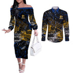 West Coast Eagles Couples Matching Off The Shoulder Long Sleeve Dress and Long Sleeve Button Shirt Urban Graffiti Street Art - Bold Abstract Spray Paint