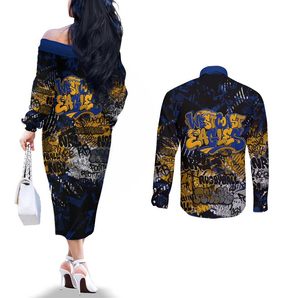 West Coast Eagles Couples Matching Off The Shoulder Long Sleeve Dress and Long Sleeve Button Shirt Urban Graffiti Street Art - Bold Abstract Spray Paint