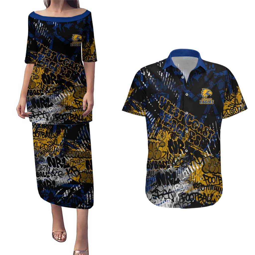 West Coast Eagles Couples Matching Puletasi and Hawaiian Shirt Urban Graffiti Street Art - Bold Abstract Spray Paint