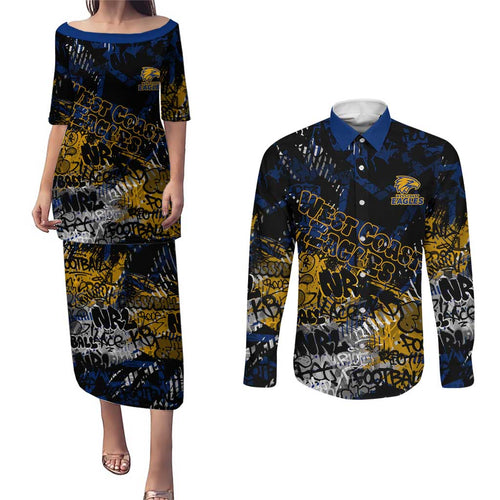 West Coast Eagles Couples Matching Puletasi and Long Sleeve Button Shirt Urban Graffiti Street Art - Bold Abstract Spray Paint