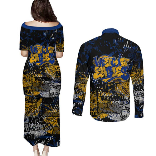 West Coast Eagles Couples Matching Puletasi and Long Sleeve Button Shirt Urban Graffiti Street Art - Bold Abstract Spray Paint