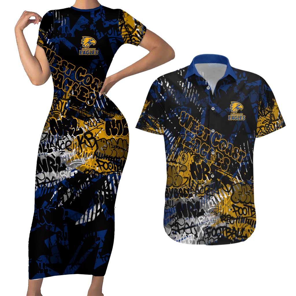 West Coast Eagles Couples Matching Short Sleeve Bodycon Dress and Hawaiian Shirt Urban Graffiti Street Art - Bold Abstract Spray Paint