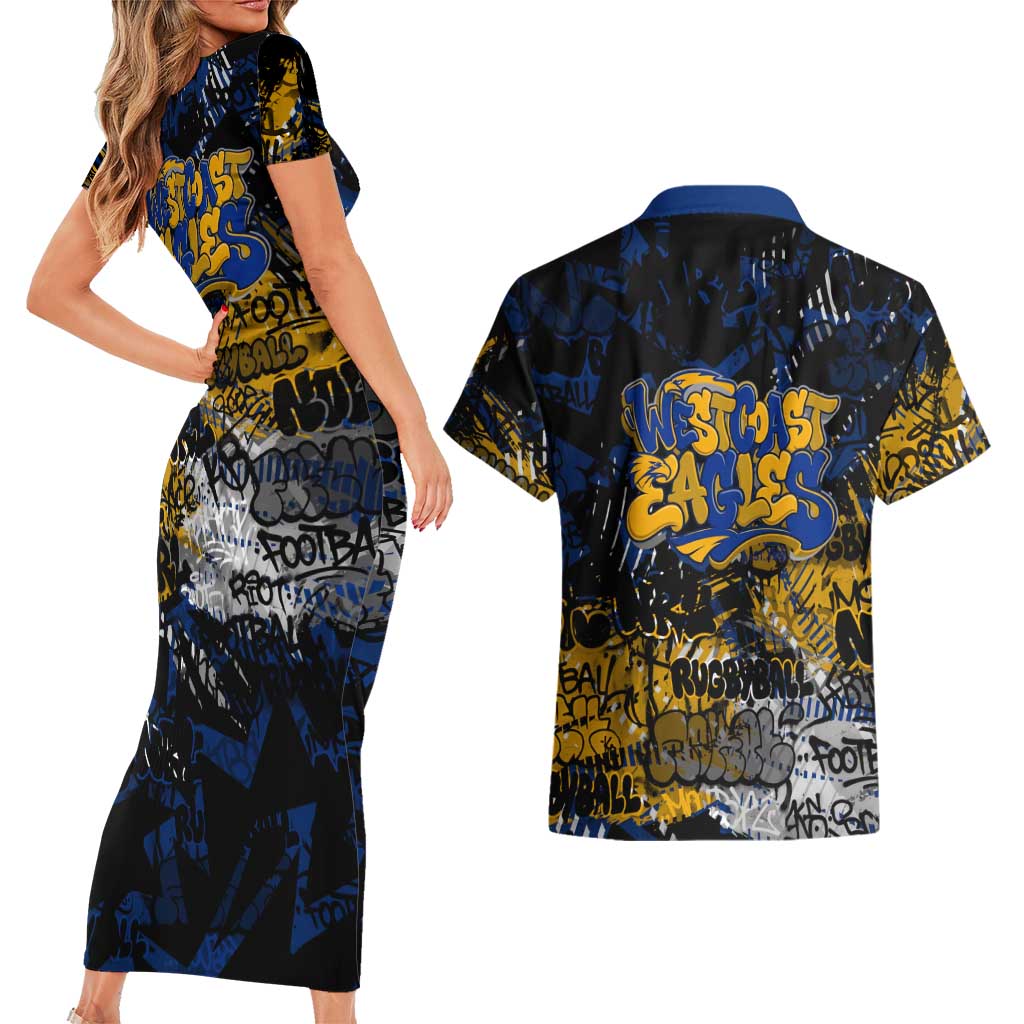 West Coast Eagles Couples Matching Short Sleeve Bodycon Dress and Hawaiian Shirt Urban Graffiti Street Art - Bold Abstract Spray Paint