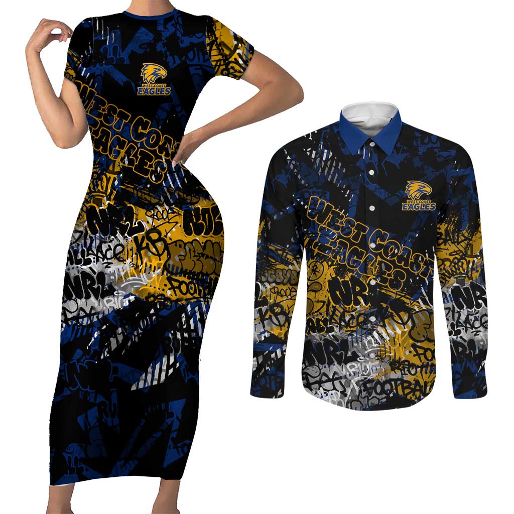 West Coast Eagles Couples Matching Short Sleeve Bodycon Dress and Long Sleeve Button Shirt Urban Graffiti Street Art - Bold Abstract Spray Paint