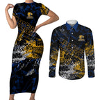West Coast Eagles Couples Matching Short Sleeve Bodycon Dress and Long Sleeve Button Shirt Urban Graffiti Street Art - Bold Abstract Spray Paint