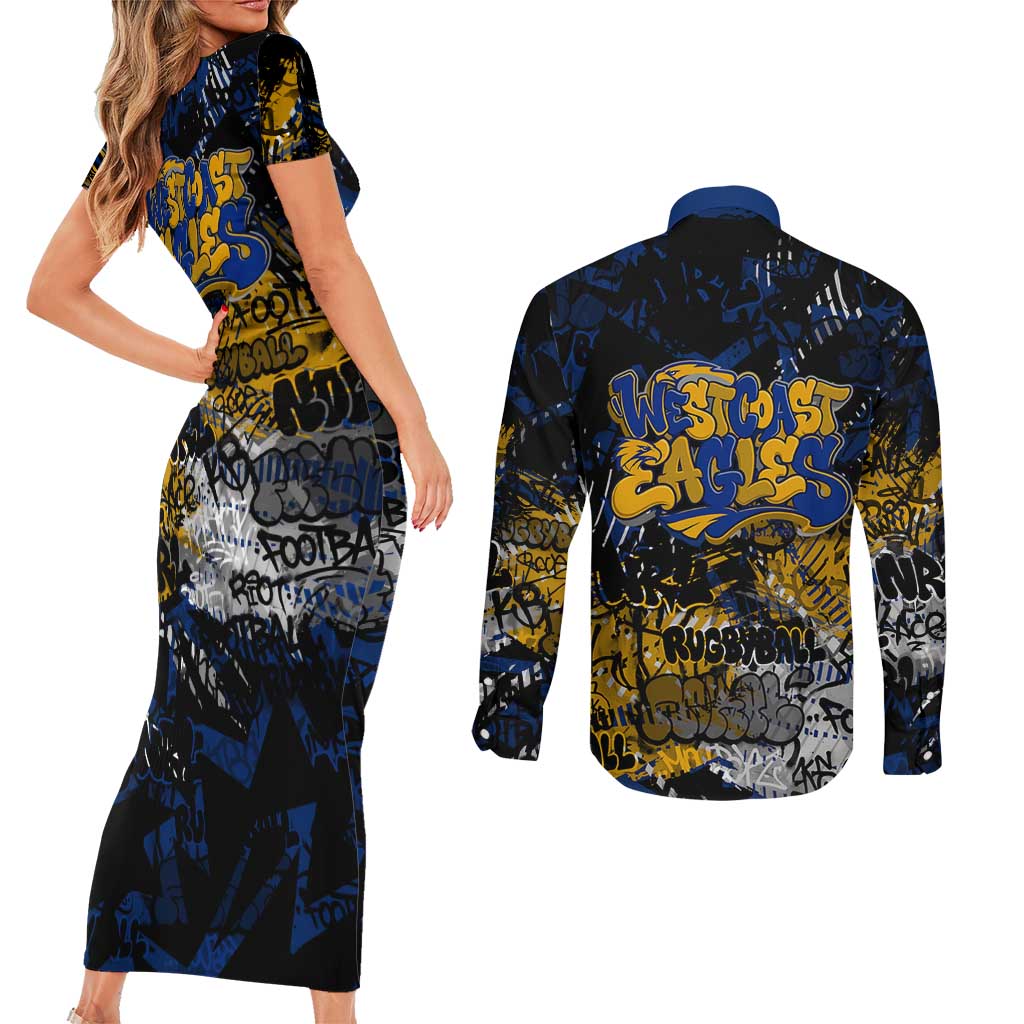West Coast Eagles Couples Matching Short Sleeve Bodycon Dress and Long Sleeve Button Shirt Urban Graffiti Street Art - Bold Abstract Spray Paint