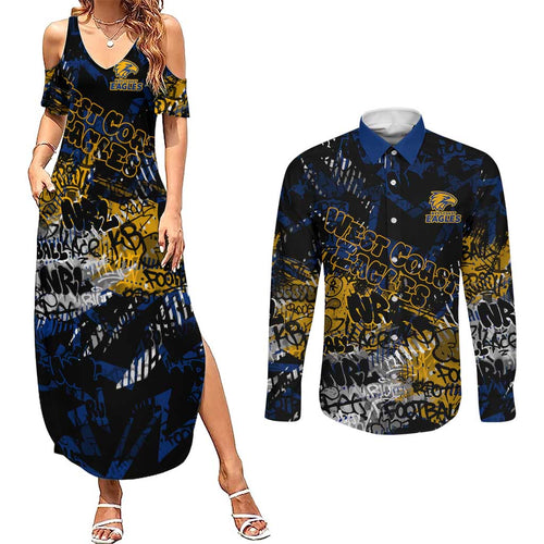 West Coast Eagles Couples Matching Summer Maxi Dress and Long Sleeve Button Shirt Urban Graffiti Street Art - Bold Abstract Spray Paint