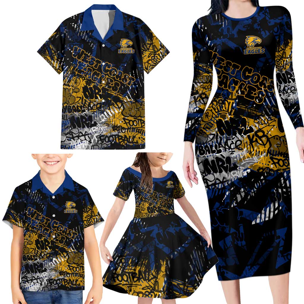 West Coast Eagles Family Matching Long Sleeve Bodycon Dress and Hawaiian Shirt Urban Graffiti Street Art - Bold Abstract Spray Paint