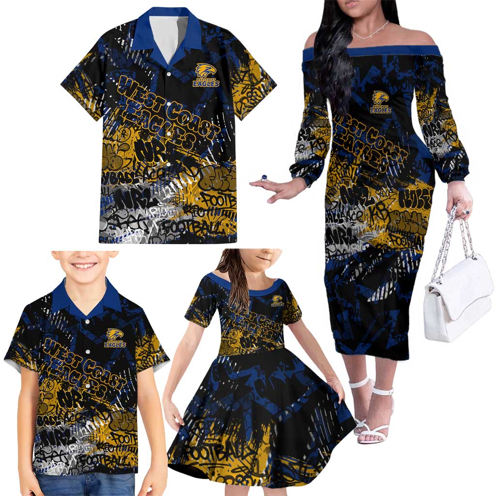 West Coast Eagles Family Matching Off The Shoulder Long Sleeve Dress and Hawaiian Shirt Urban Graffiti Street Art - Bold Abstract Spray Paint