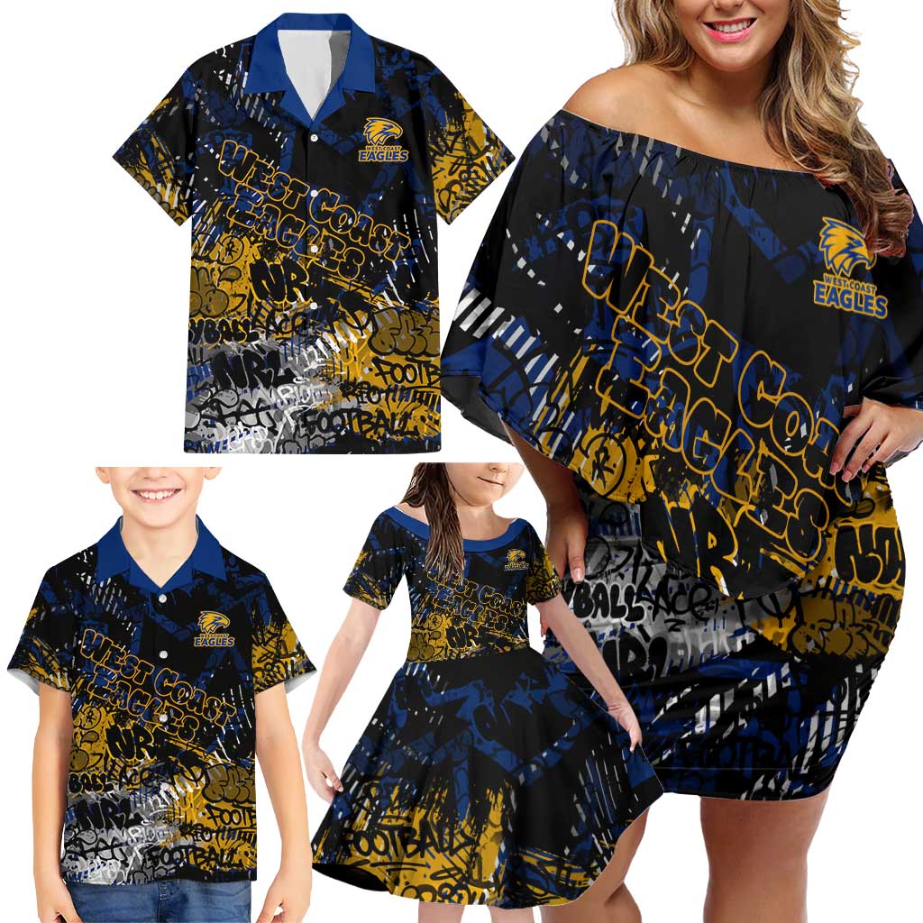 West Coast Eagles Family Matching Off Shoulder Short Dress and Hawaiian Shirt Urban Graffiti Street Art - Bold Abstract Spray Paint