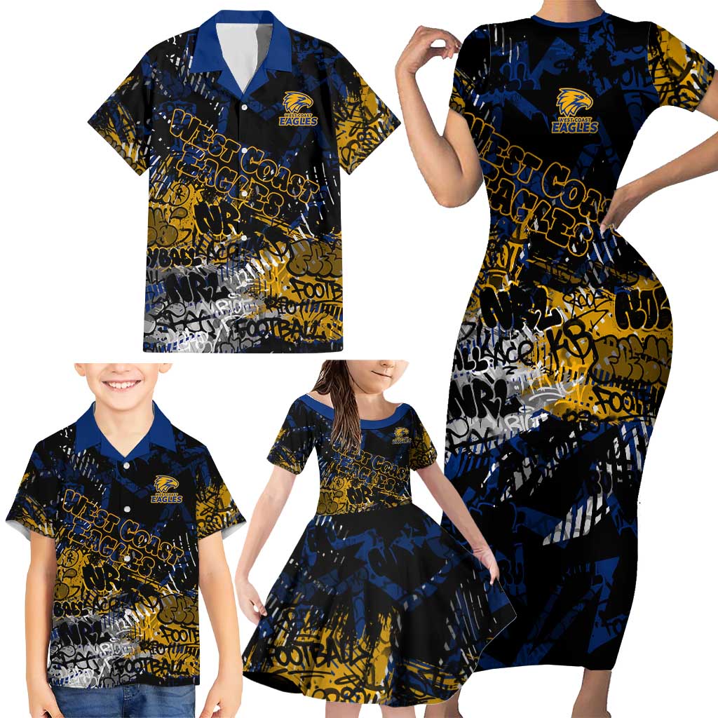 West Coast Eagles Family Matching Short Sleeve Bodycon Dress and Hawaiian Shirt Urban Graffiti Street Art - Bold Abstract Spray Paint