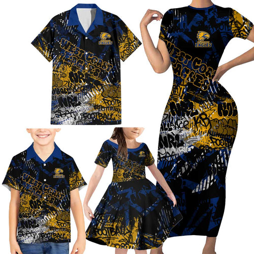 West Coast Eagles Family Matching Short Sleeve Bodycon Dress and Hawaiian Shirt Urban Graffiti Street Art - Bold Abstract Spray Paint