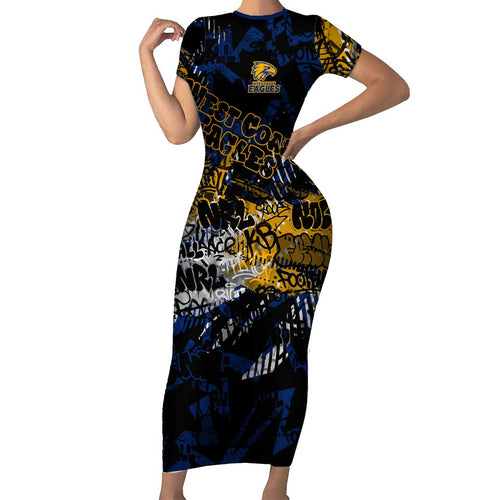 West Coast Eagles Family Matching Short Sleeve Bodycon Dress and Hawaiian Shirt Urban Graffiti Street Art - Bold Abstract Spray Paint