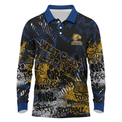 West Coast Eagles Long Sleeve Polo Shirt Urban Graffiti Street Art - Bold Abstract Spray Paint