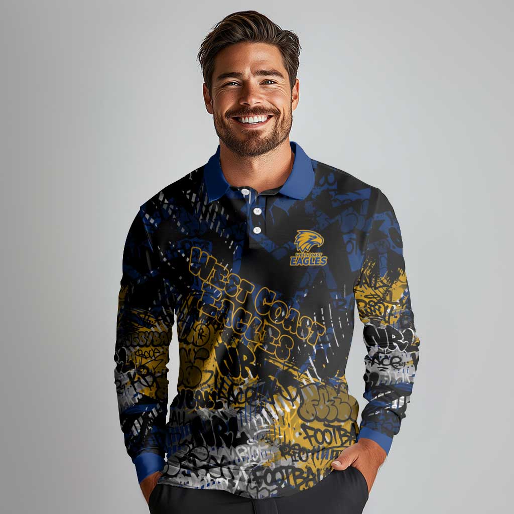 West Coast Eagles Long Sleeve Polo Shirt Urban Graffiti Street Art - Bold Abstract Spray Paint