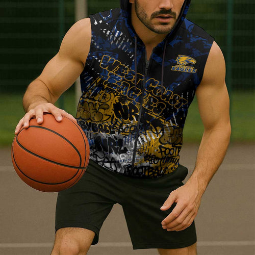 West Coast Eagles Sleeveless Zip Hoodie Urban Graffiti Street Art - Bold Abstract Spray Paint