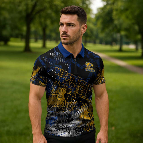 West Coast Eagles Zipper Polo Shirt Urban Graffiti Street Art - Bold Abstract Spray Paint