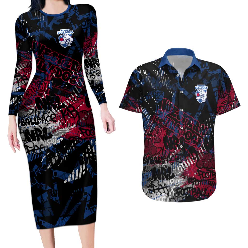 Western Bulldogs Couples Matching Long Sleeve Bodycon Dress and Hawaiian Shirt Urban Graffiti Street Art - Bold Abstract Spray Paint