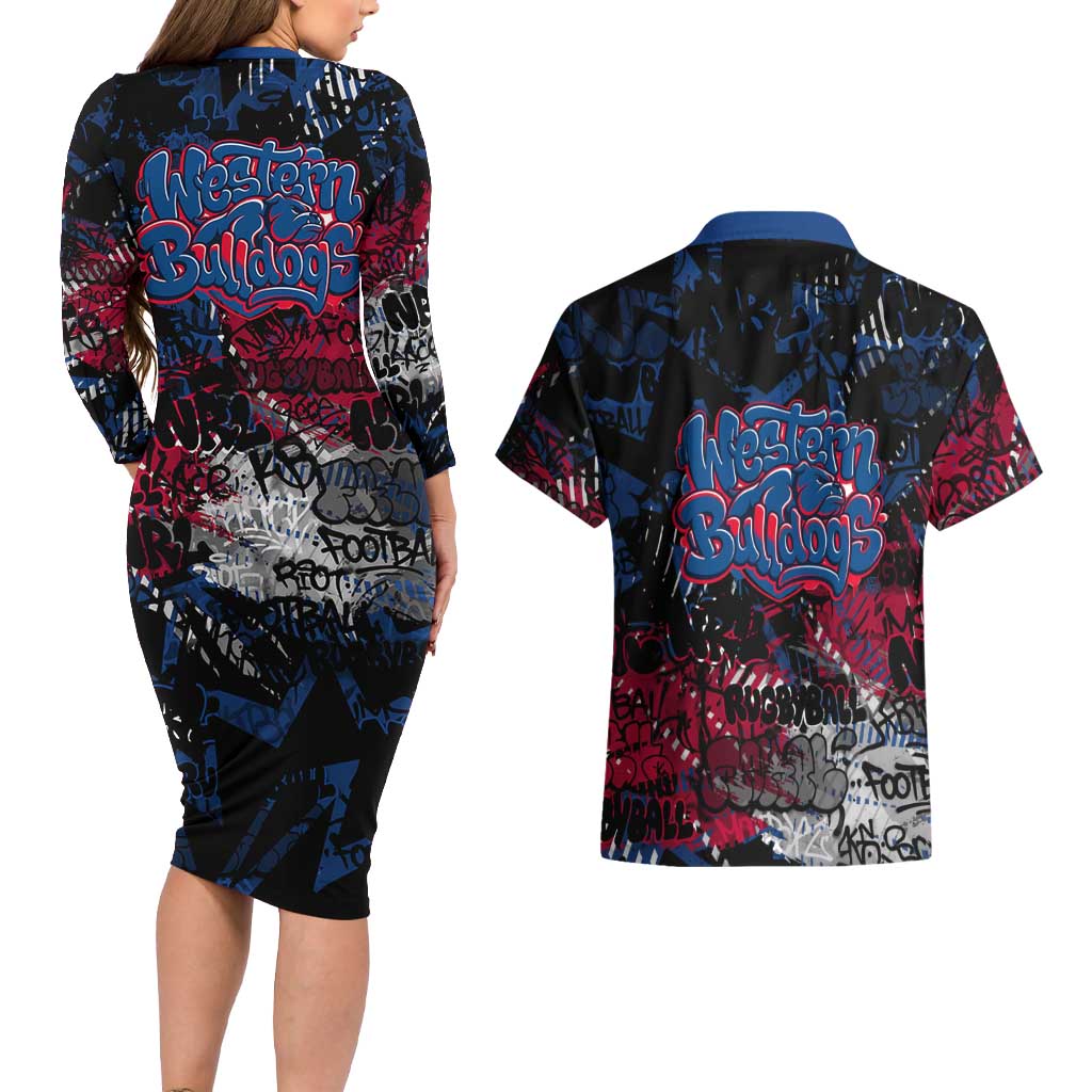 Western Bulldogs Couples Matching Long Sleeve Bodycon Dress and Hawaiian Shirt Urban Graffiti Street Art - Bold Abstract Spray Paint