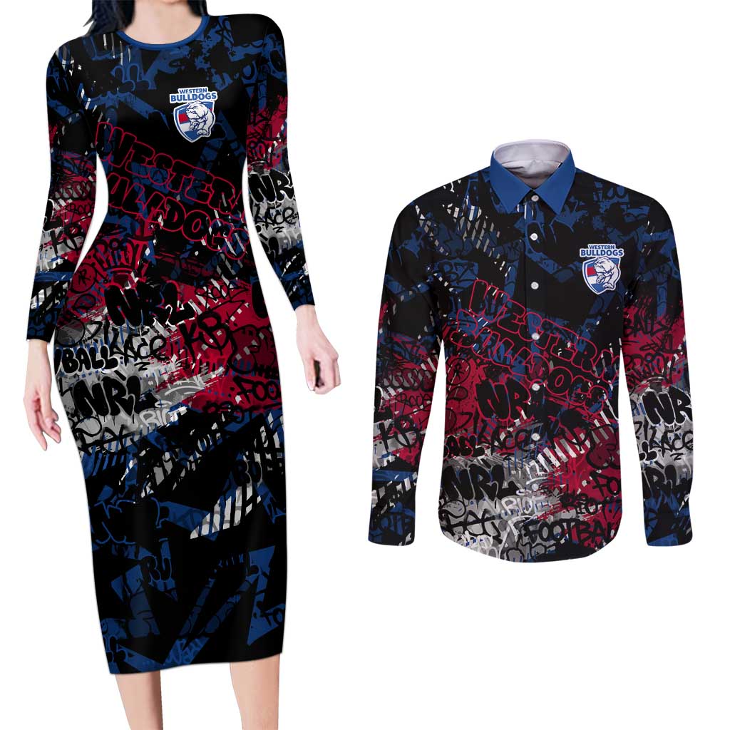 Western Bulldogs Couples Matching Long Sleeve Bodycon Dress and Long Sleeve Button Shirt Urban Graffiti Street Art - Bold Abstract Spray Paint