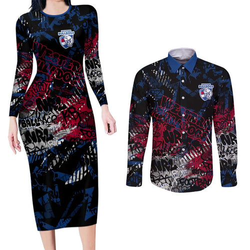 Western Bulldogs Couples Matching Long Sleeve Bodycon Dress and Long Sleeve Button Shirt Urban Graffiti Street Art - Bold Abstract Spray Paint