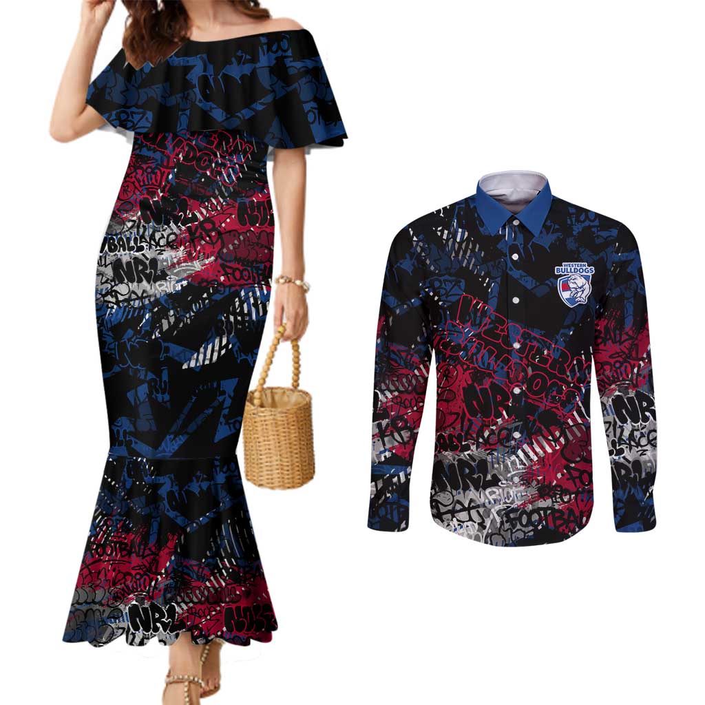 Western Bulldogs Couples Matching Mermaid Dress and Long Sleeve Button Shirt Urban Graffiti Street Art - Bold Abstract Spray Paint