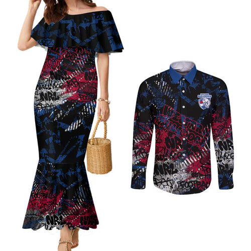 Western Bulldogs Couples Matching Mermaid Dress and Long Sleeve Button Shirt Urban Graffiti Street Art - Bold Abstract Spray Paint