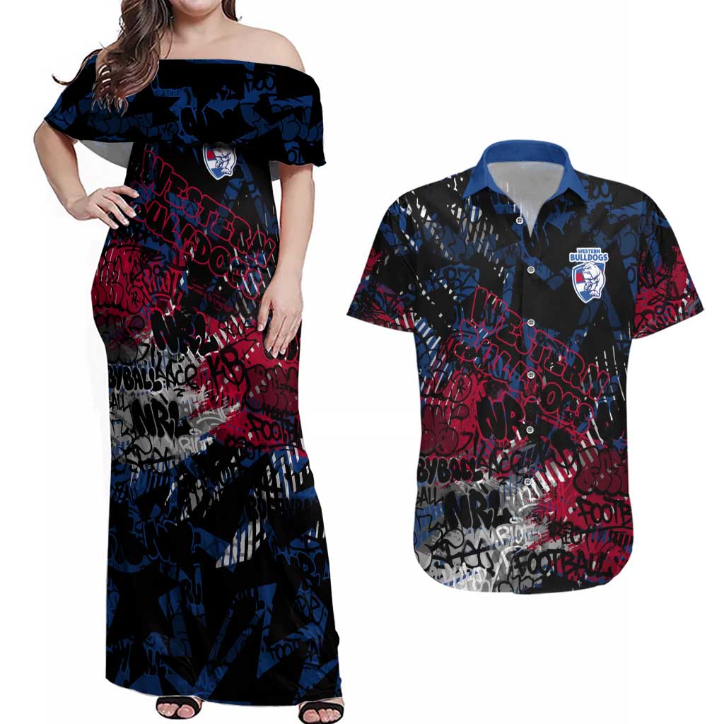 Western Bulldogs Couples Matching Off Shoulder Maxi Dress and Hawaiian Shirt Urban Graffiti Street Art - Bold Abstract Spray Paint