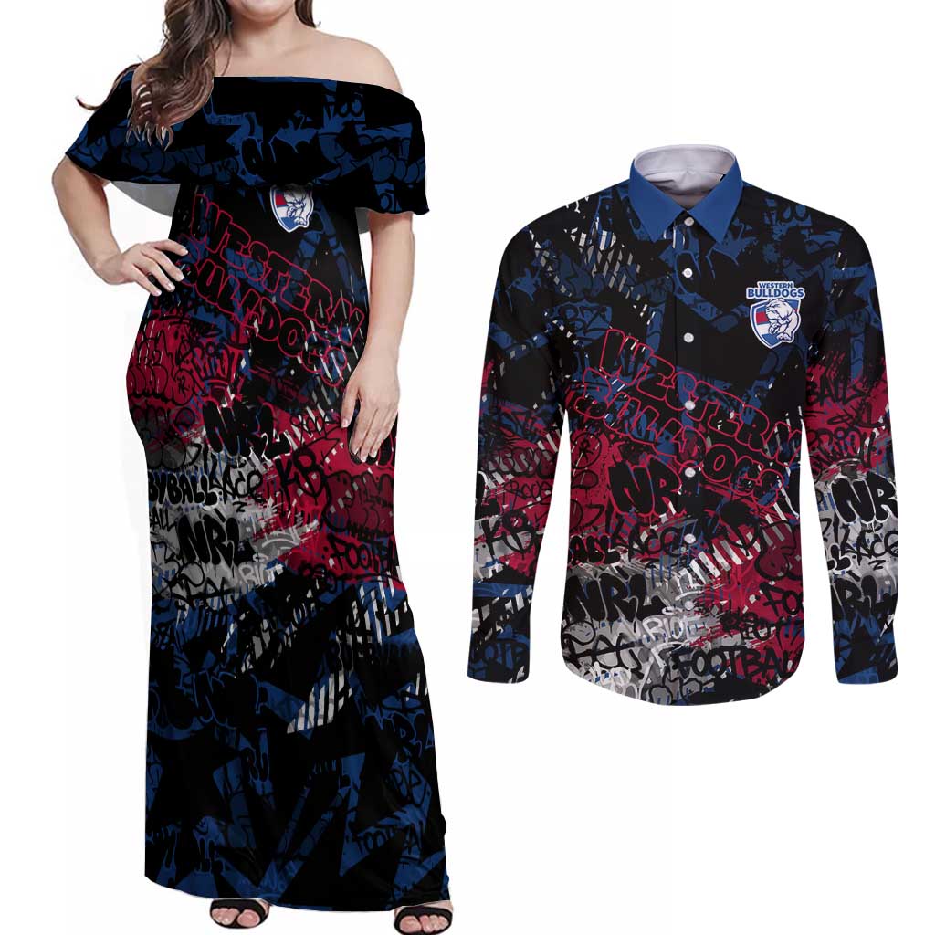 Western Bulldogs Couples Matching Off Shoulder Maxi Dress and Long Sleeve Button Shirt Urban Graffiti Street Art - Bold Abstract Spray Paint