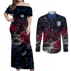 Western Bulldogs Couples Matching Off Shoulder Maxi Dress and Long Sleeve Button Shirt Urban Graffiti Street Art - Bold Abstract Spray Paint