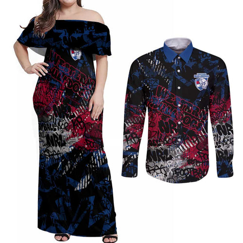 Western Bulldogs Couples Matching Off Shoulder Maxi Dress and Long Sleeve Button Shirt Urban Graffiti Street Art - Bold Abstract Spray Paint