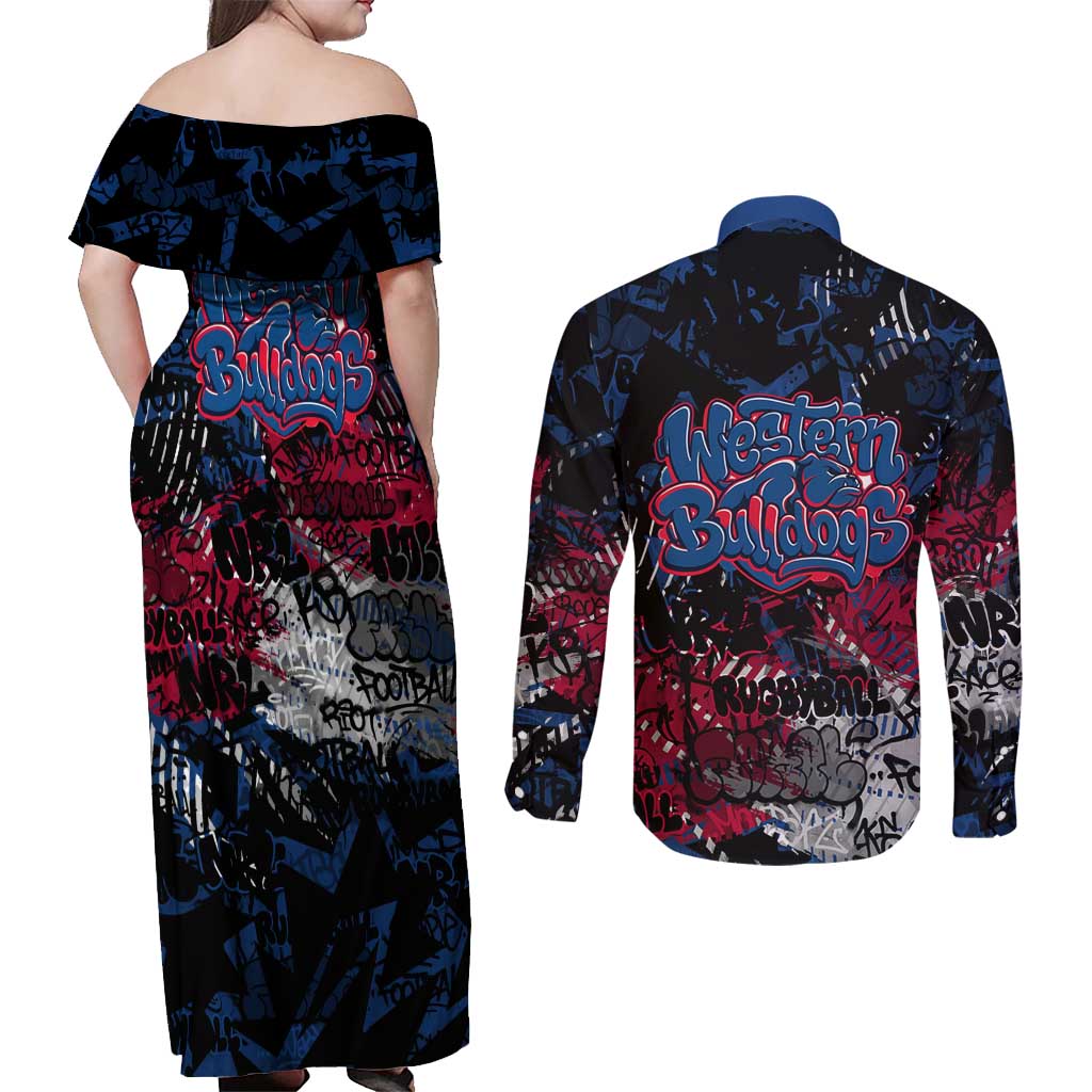 Western Bulldogs Couples Matching Off Shoulder Maxi Dress and Long Sleeve Button Shirt Urban Graffiti Street Art - Bold Abstract Spray Paint