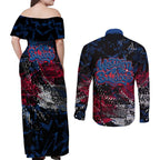 Western Bulldogs Couples Matching Off Shoulder Maxi Dress and Long Sleeve Button Shirt Urban Graffiti Street Art - Bold Abstract Spray Paint