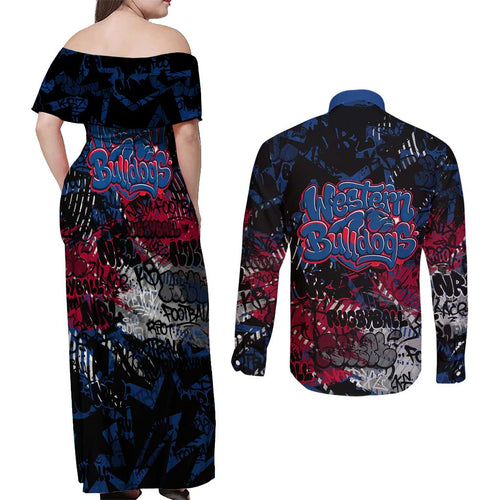 Western Bulldogs Couples Matching Off Shoulder Maxi Dress and Long Sleeve Button Shirt Urban Graffiti Street Art - Bold Abstract Spray Paint