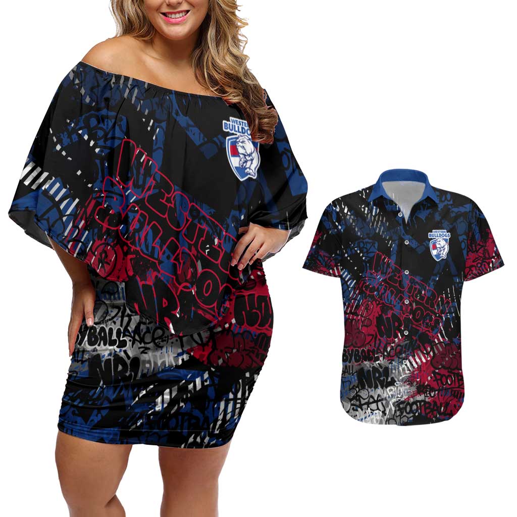 Western Bulldogs Couples Matching Off Shoulder Short Dress and Hawaiian Shirt Urban Graffiti Street Art - Bold Abstract Spray Paint