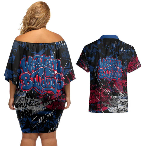 Western Bulldogs Couples Matching Off Shoulder Short Dress and Hawaiian Shirt Urban Graffiti Street Art - Bold Abstract Spray Paint