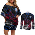 Western Bulldogs Couples Matching Off Shoulder Short Dress and Long Sleeve Button Shirt Urban Graffiti Street Art - Bold Abstract Spray Paint