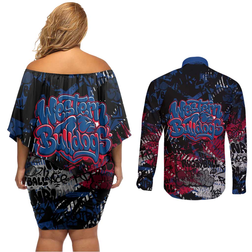 Western Bulldogs Couples Matching Off Shoulder Short Dress and Long Sleeve Button Shirt Urban Graffiti Street Art - Bold Abstract Spray Paint