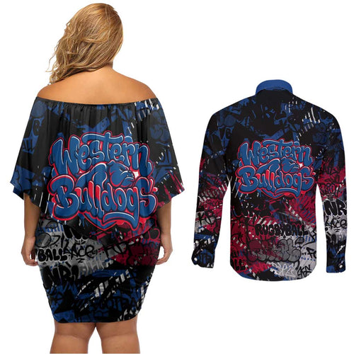 Western Bulldogs Couples Matching Off Shoulder Short Dress and Long Sleeve Button Shirt Urban Graffiti Street Art - Bold Abstract Spray Paint