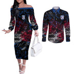 Western Bulldogs Couples Matching Off The Shoulder Long Sleeve Dress and Long Sleeve Button Shirt Urban Graffiti Street Art - Bold Abstract Spray Paint