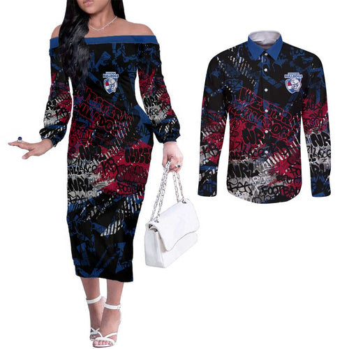 Western Bulldogs Couples Matching Off The Shoulder Long Sleeve Dress and Long Sleeve Button Shirt Urban Graffiti Street Art - Bold Abstract Spray Paint