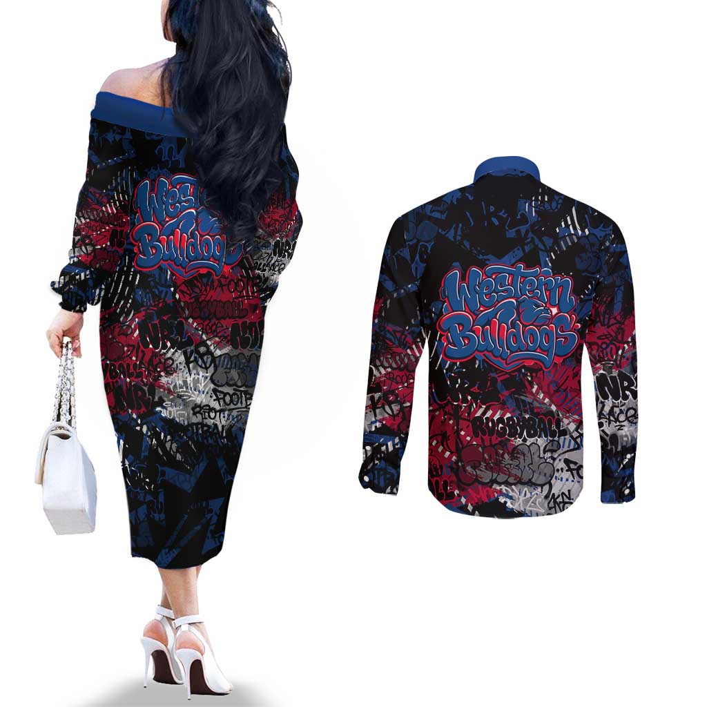 Western Bulldogs Couples Matching Off The Shoulder Long Sleeve Dress and Long Sleeve Button Shirt Urban Graffiti Street Art - Bold Abstract Spray Paint