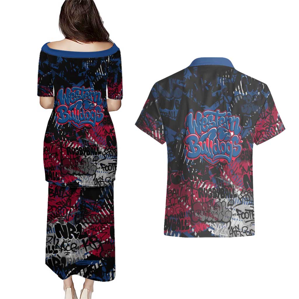 Western Bulldogs Couples Matching Puletasi and Hawaiian Shirt Urban Graffiti Street Art - Bold Abstract Spray Paint