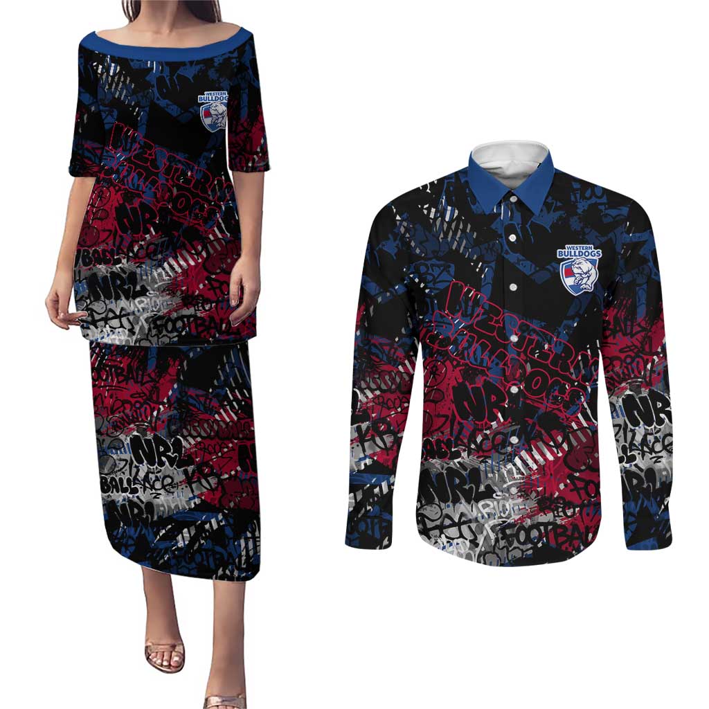 Western Bulldogs Couples Matching Puletasi and Long Sleeve Button Shirt Urban Graffiti Street Art - Bold Abstract Spray Paint