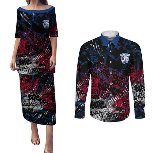 Western Bulldogs Couples Matching Puletasi and Long Sleeve Button Shirt Urban Graffiti Street Art - Bold Abstract Spray Paint