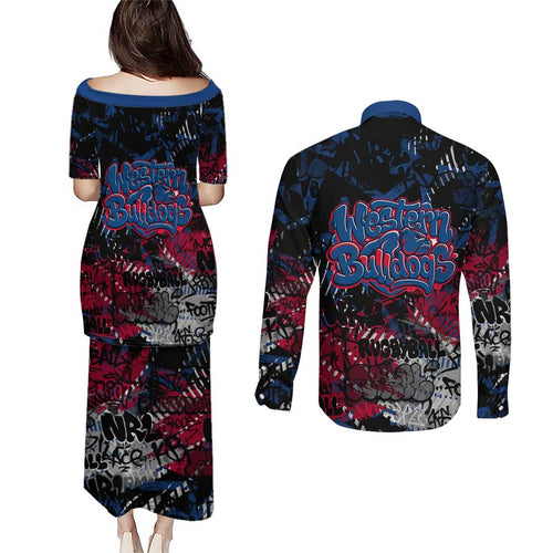 Western Bulldogs Couples Matching Puletasi and Long Sleeve Button Shirt Urban Graffiti Street Art - Bold Abstract Spray Paint