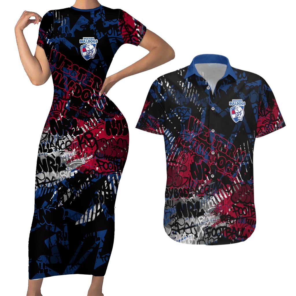 Western Bulldogs Couples Matching Short Sleeve Bodycon Dress and Hawaiian Shirt Urban Graffiti Street Art - Bold Abstract Spray Paint